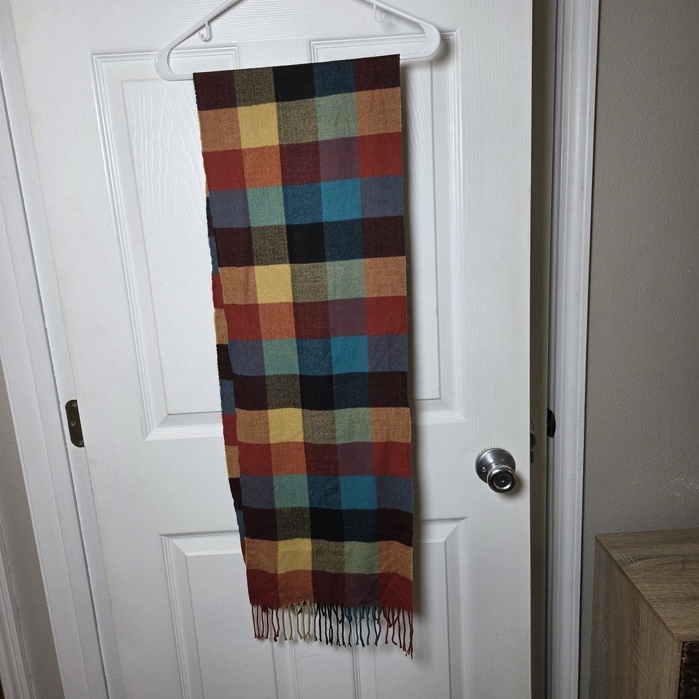 Colorful plaid scarf cashmere viscose blend fringe cozy fall winter classic